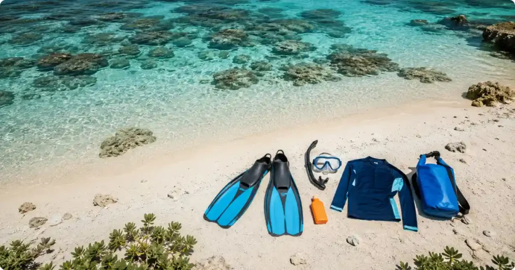Snorkel gear, reef-safe sunscreen and rash vest on white sand beside a turquoise tropical lagoon in Australia