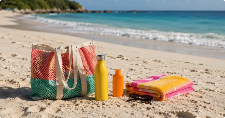 Beach Vacation Packing List: Everything You Need for the Perfect Beach Trip Open suitcase with beach vacation essentials including sunscreen, sun hat, sunglasses, and swimsuit laid out flat