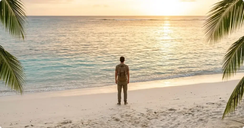 Traveler on an empty Hawaiian beach at golden hour the best months offer warm weather with far fewer crowds