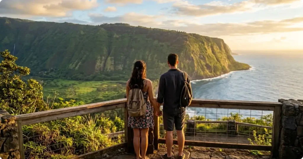 Couple overlooking a lush Hawaiian valley on their first visit to the islands