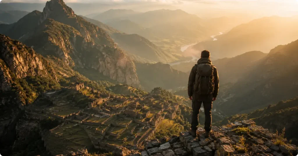 Traveler overlooking ancient ruins from a mountain ridge one of the best travel destinations in the world