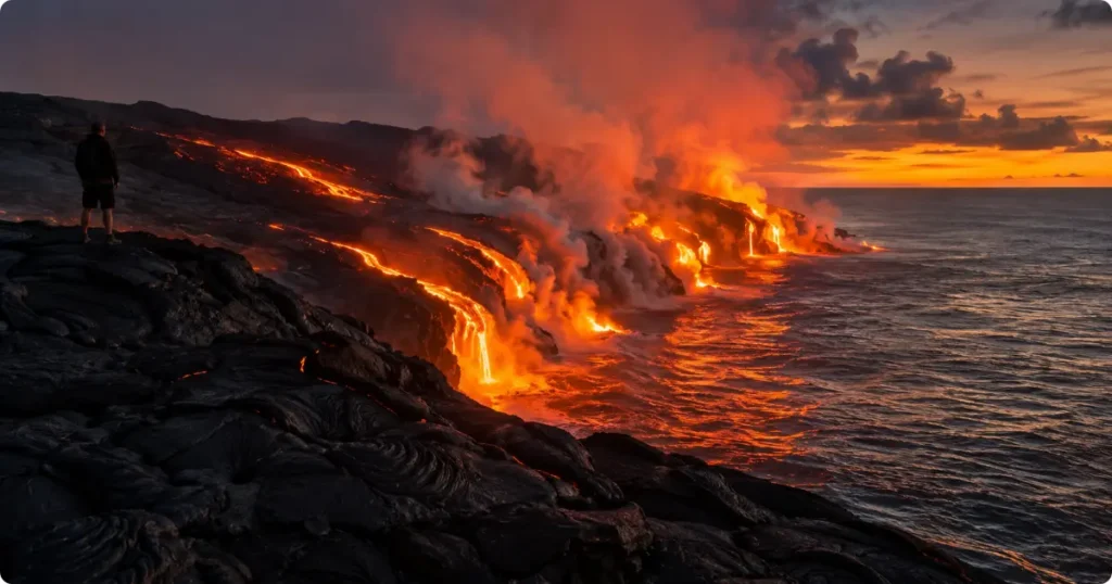 Molten lava flowing into the Pacific Ocean on Hawaii's Big Island at dusk, steam rising from the water