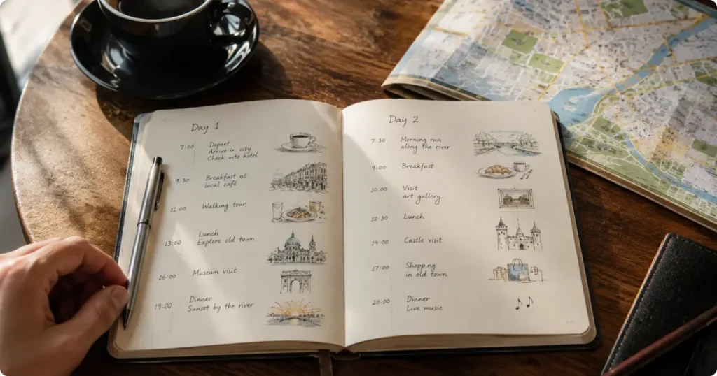Open travel journal with itinerary notes beside a coffee cup and city map building a travel itinerary
