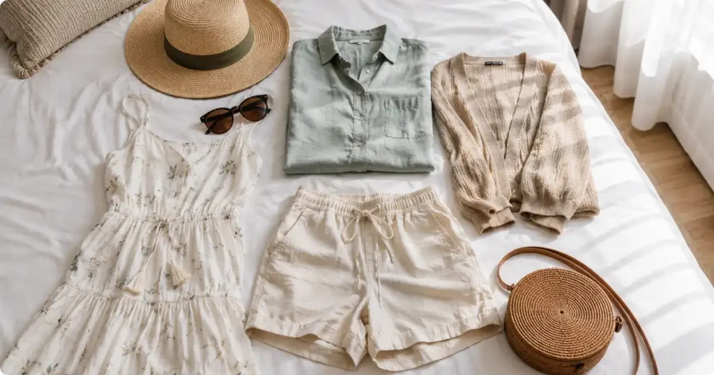 Neatly arranged vacation clothing for a Cancun all-inclusive resort trip including linen shirts, shorts, and a sundress