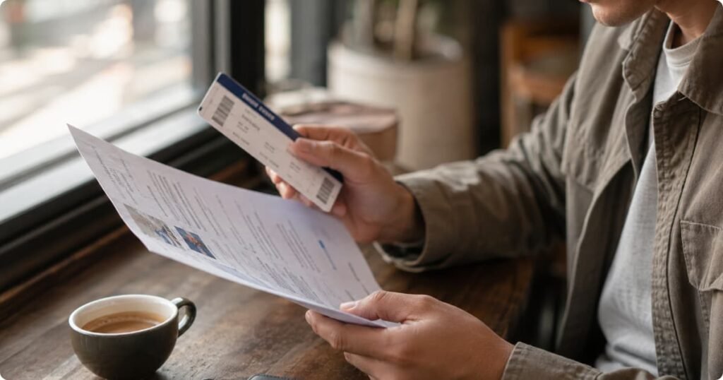 Traveler reviewing a flight itinerary at a cafe highlighting common booking mistakes to avoid