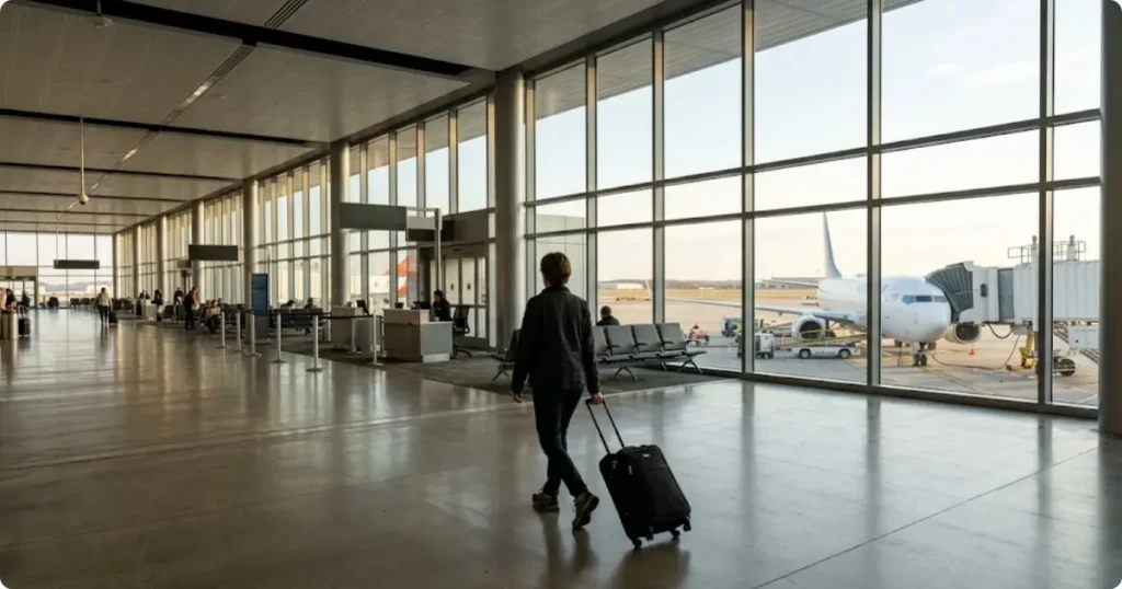 Traveler at airport departure gate heading to Hawaii flight representing airfare costs in the Hawaii budget guide