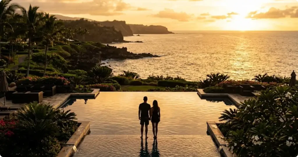 Couple at a luxury infinity pool overlooking the Pacific Ocean at sunset during a Hawaii honeymoon