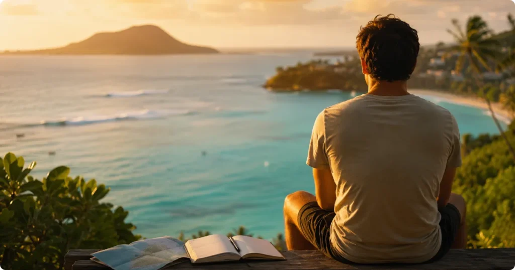 Traveler planning Hawaii itinerary overlooking a calm bay how many days to spend in Hawaii