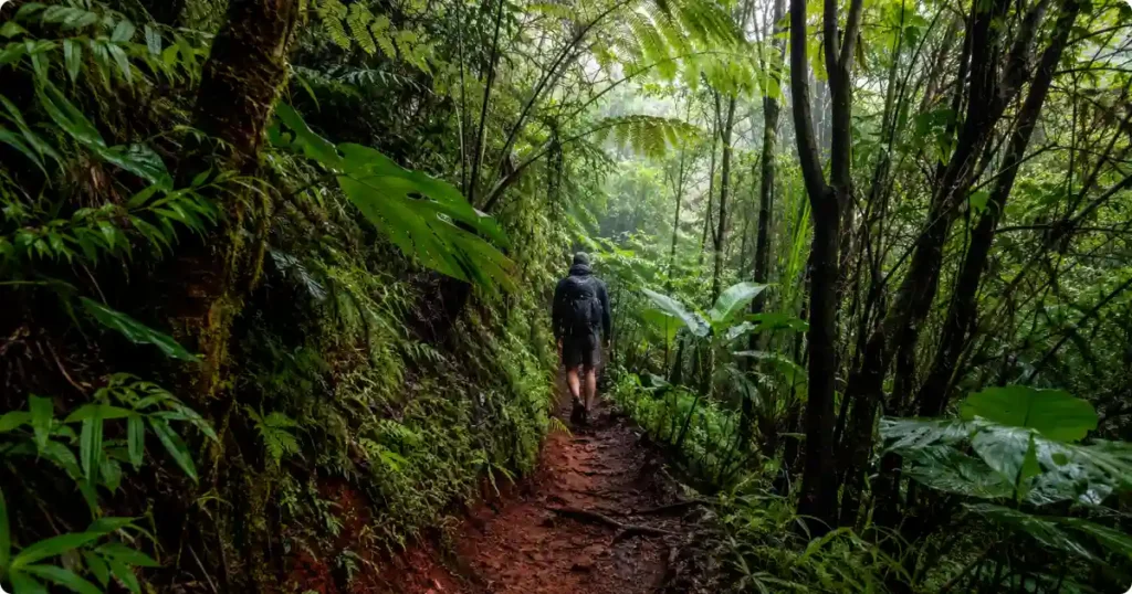Muddy jungle hiking trail through tropical rainforest on Kauai, Hawaii