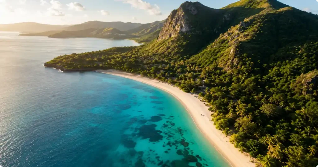 Aerial view of a turquoise Hawaiian beach with green volcanic hills — how to plan a trip to Hawaii