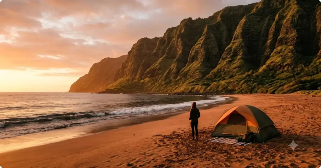 Tent camping on a remote Kauai beach beneath Na Pali Coast cliffs at sunset