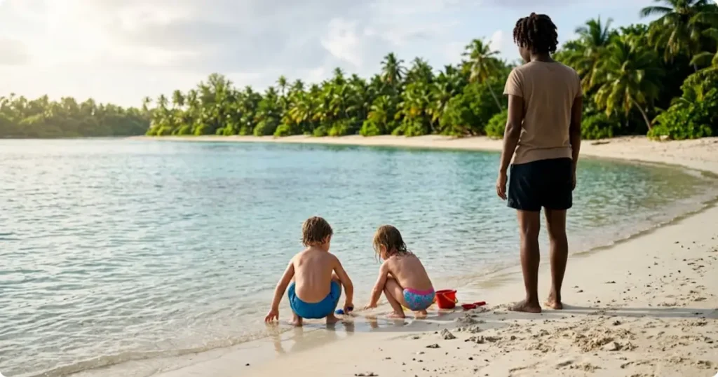 Family-friendly Maui beach with calm shallow water and children playing safely at the shoreline