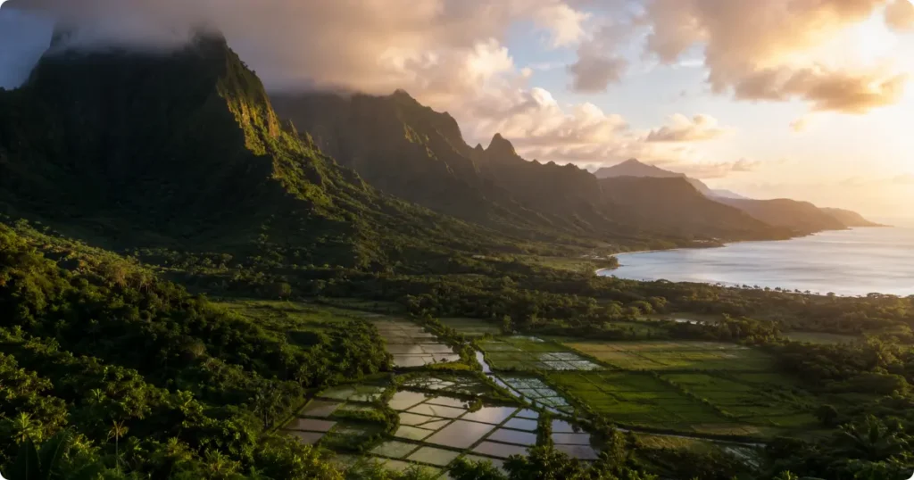 Lush Hanalei valley on Kauai's north shore with taro fields, jagged peaks, and a bay in the distance