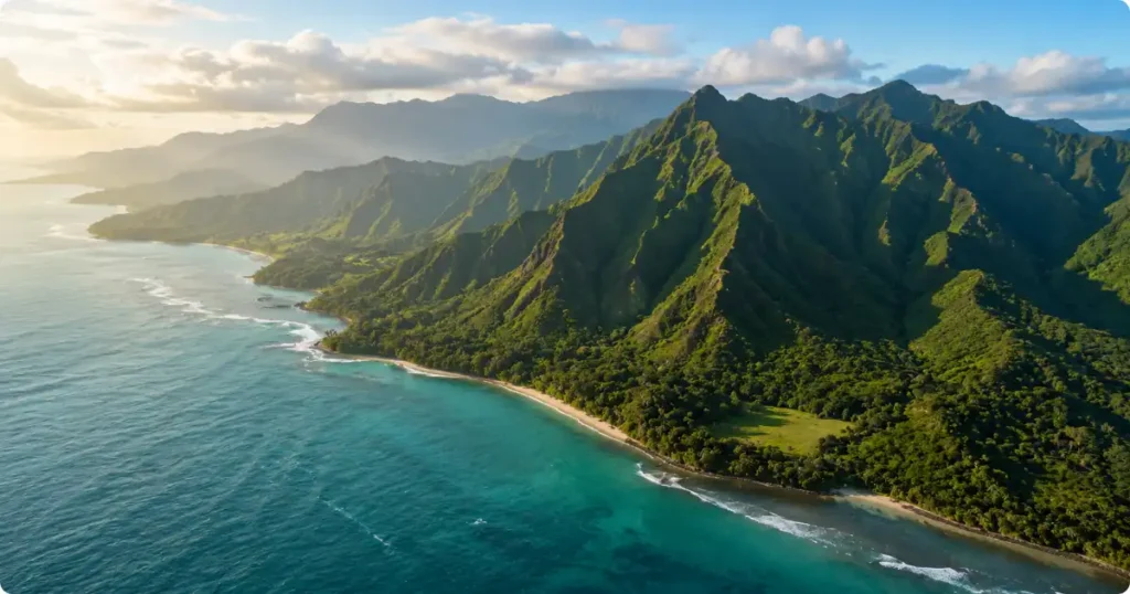 Aerial drone view of Oahu Hawaii showing green mountains meeting the turquoise Pacific coastline