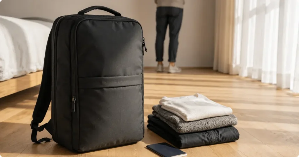 Compact carry-on backpack with minimal neutral travel clothing and passport for a light Europe packing setup