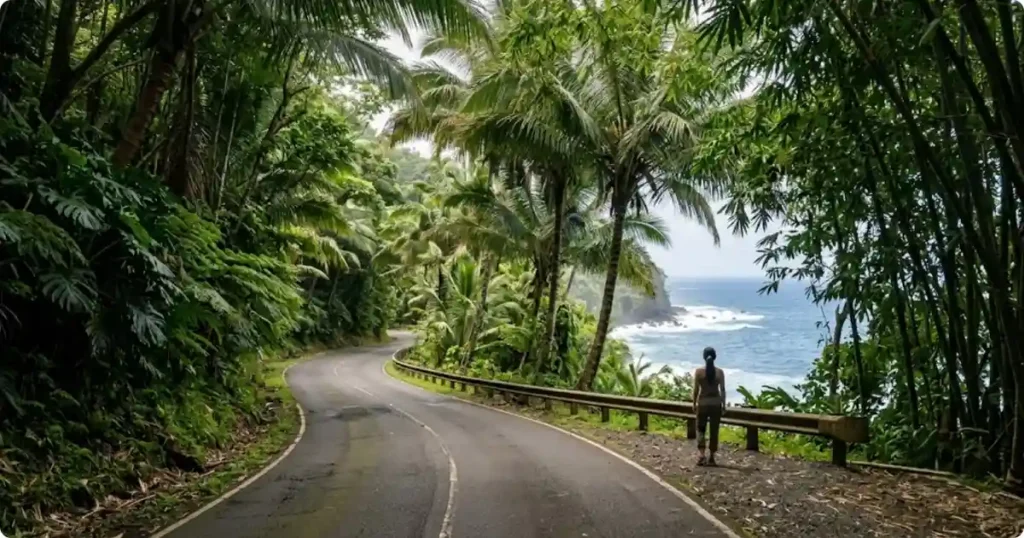 Winding Road to Hana on Maui cutting through lush tropical rainforest one of Hawaii's most iconic first-timer experiences