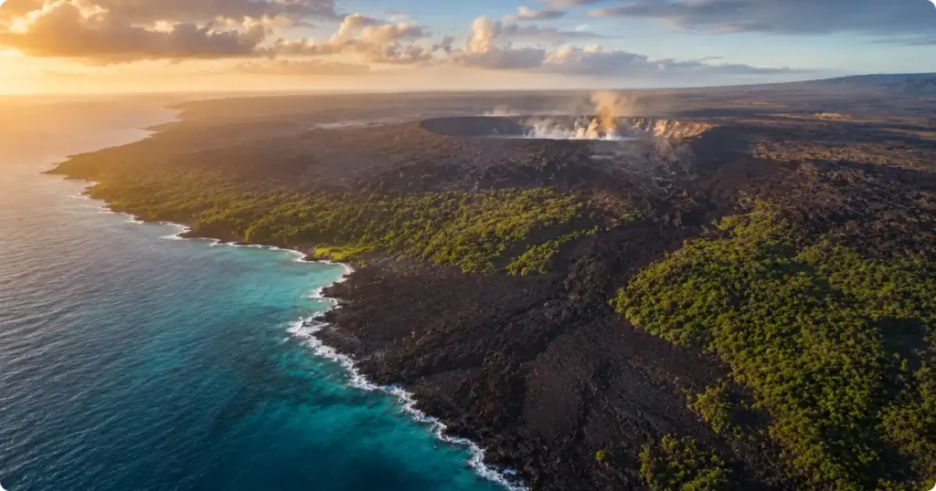 Big Island Hawaii: Volcanoes, Black Sand Beaches and Everything to Do on Hawaii’s Largest Island Aerial view of Big Island Hawaii coastline showing black lava fields meeting the Pacific Ocean with volcanic steam rising inland