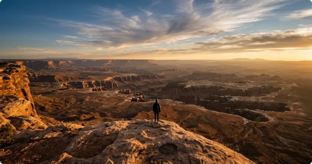 Lone traveler standing at edge of vast landscape at golden hour, representing the ultimate travel bucket list