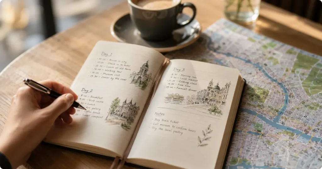 Hands writing a travel itinerary in a journal beside a city map at a café table