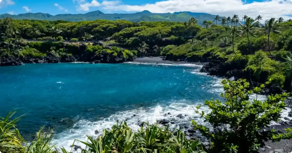 Waianapanapa black sand beach on Maui with volcanic sand, lush green palms, and deep blue Pacific ocean